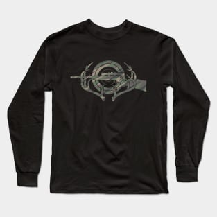 Camouflage Hunting and Shooting Sports Logo with Rifle, Buck Horns and Target Long Sleeve T-Shirt